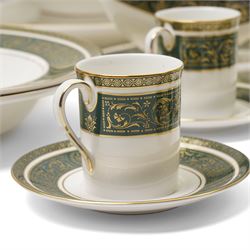 Royal Doulton Vanborough pattern part dinner service, comprising two covered vegetable dishes, open vegetable dish, eight dinner plates, oval serving dish, six soup bowls and two further bowls, eight side plates and eight dessert plates, six coffee cans and saucers, milk jug and a gravy boat and stand