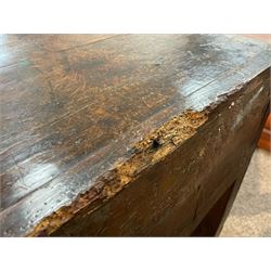 18th century oak dresser base, moulded rectangular top over two drawers and shaped apron, moulded drawer fronts fitted with shaped brass handle plates and swan neck handles, on chamfered square supports united by pot board base 