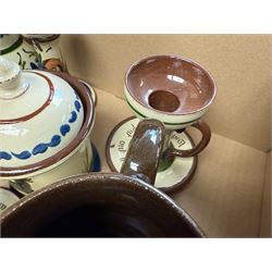 Collection of Torquay and similar Motto ware, including jugs, candlesticks, twin handled mug etc 