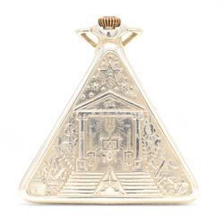 Early 20th century silver Masonic keyless lever pocket watch, triangular mother of pearl dial with Masonic hour markers and inscribed 'Love Your Fellow Man, Lend Him A Helping Hand', case with embossed decoration, Glasgow import mark 1930