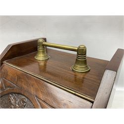 Coal box with carved flower hinged lid, brass carry handle and liner, H30cm W32cm