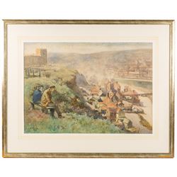 Albert George Stevens (Staithes Group 1863-1925): Fishermen overlooking The Haven Under the Hill - Whitby, watercolour signed and dated 1909, 51cm x 72cm 
Provenance: private collection, purchased David Duggleby Ltd 16th March 2015 Lot 170; Phillips Leeds 2nd May 1990 Lot 102