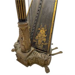 J. Erat. Wardour Street, London, Soho - Regency parcel-gilt and rosewood finish pedal harp, forty-three strings and five swell doors, the fluted pillar decorated with rams head capital, floral festoons, anthemion motifs and sarcophagi, the base decorated with pharaonic motifs and fitted with eight brass pedals, on carved paw feet, brass signature plate to top inscribed 'J. Erat. Wardour Street, London, Soho, 606'