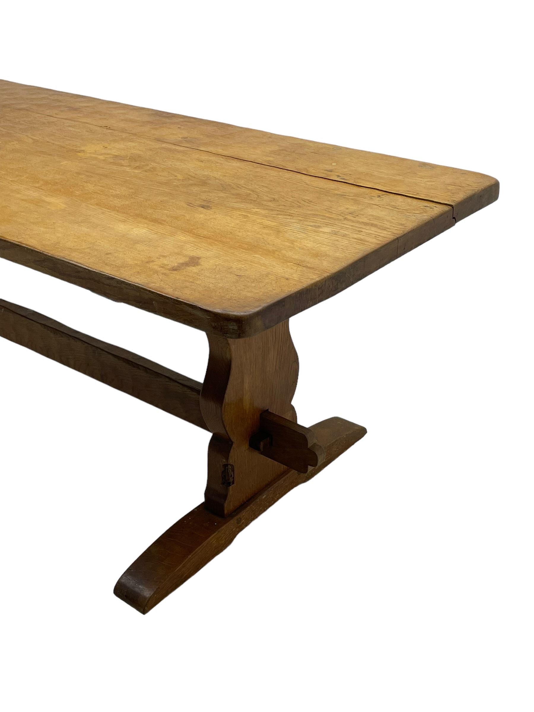 Gnomeman - large oak refectory dining table, rectangular adzed top on shaped end supports with sledge feet, united by pegged stretcher, carved with gnome signature, by Thomas Whittaker, Little Beck