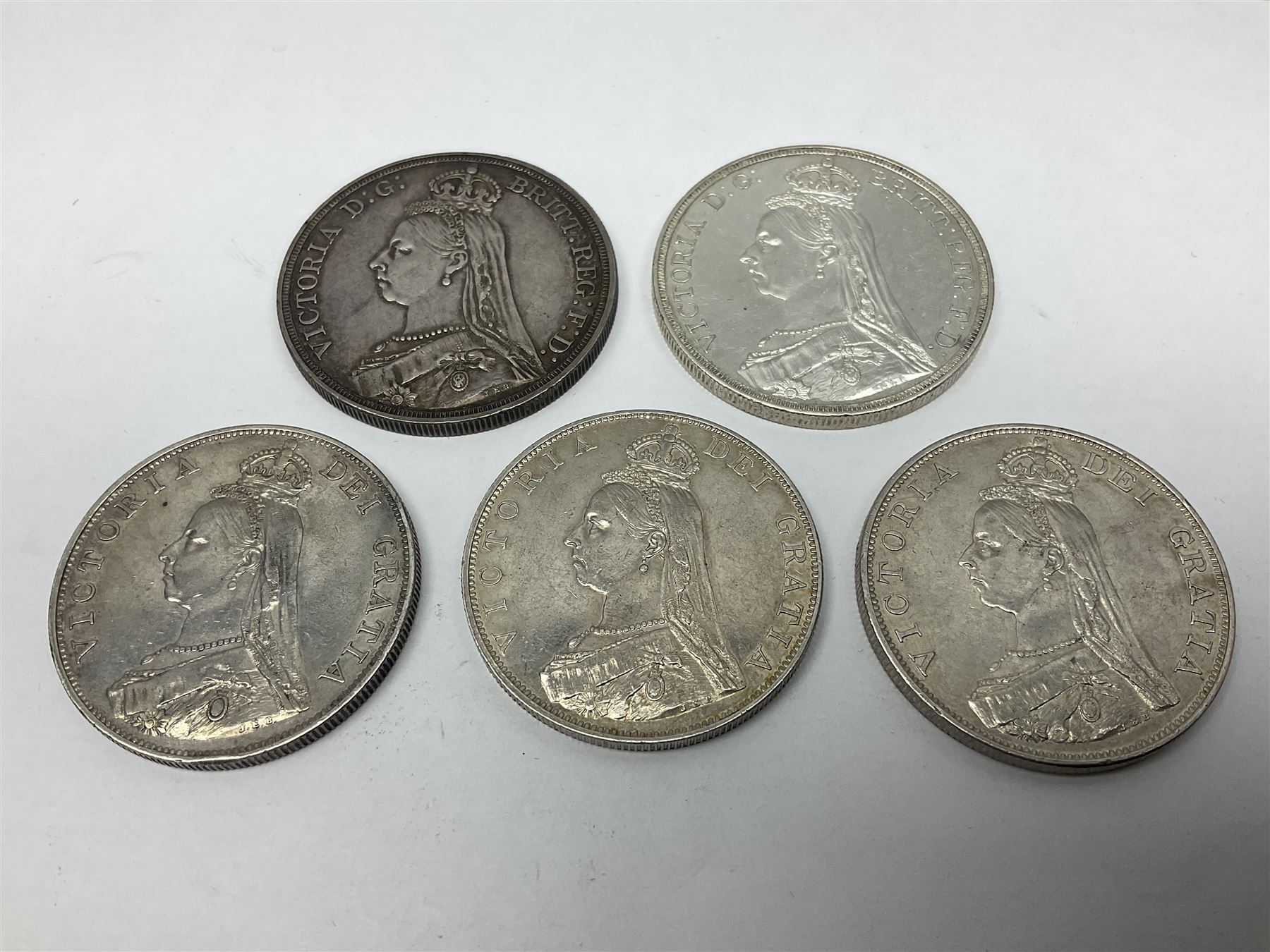 Two Queen Victoria 1887 crown coins and three 1887 double florin coins (5)