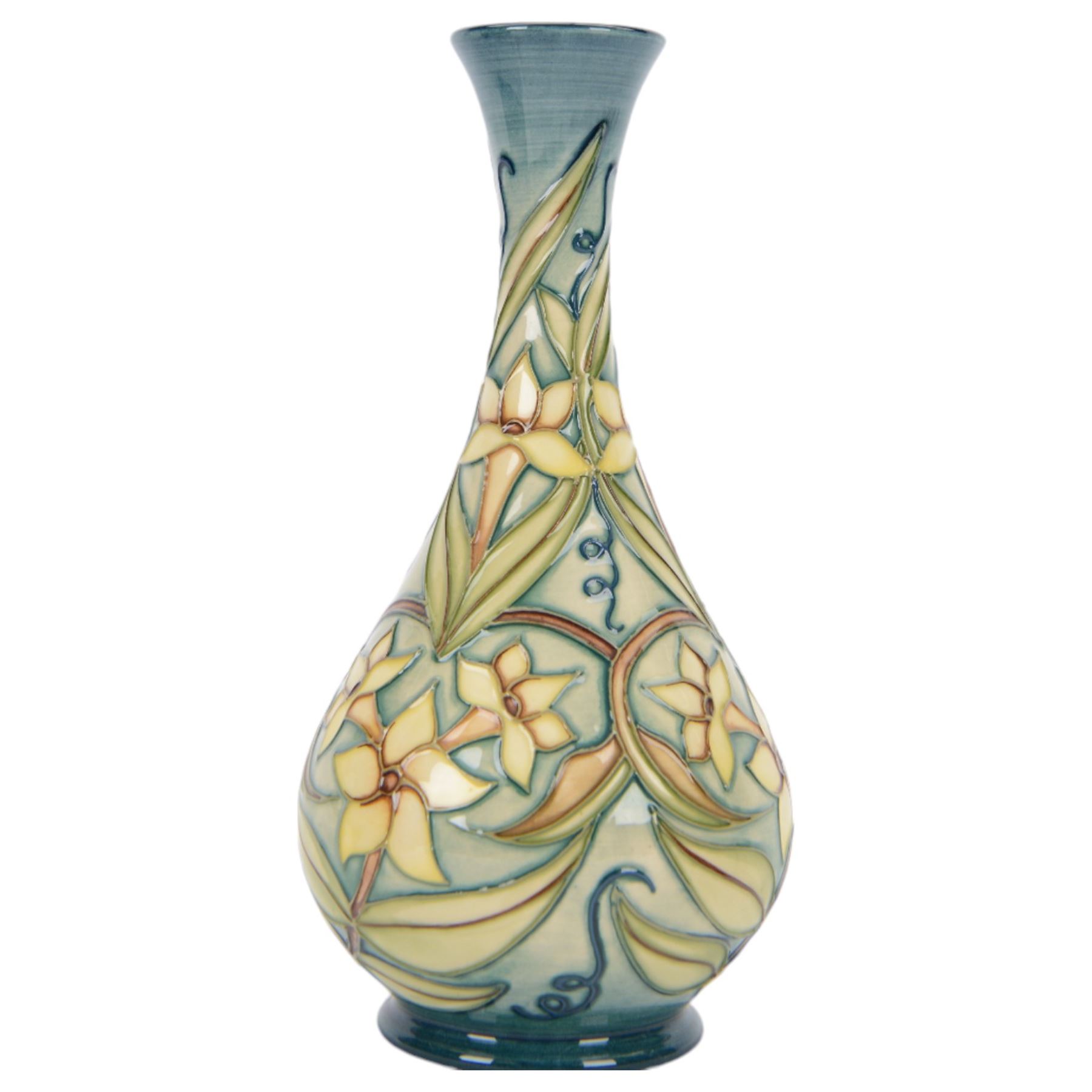 Moorcroft vase in Carousel Jasmine pattern, of baluster form with elongated neck, with printed mark beneath, in original box, H23cm