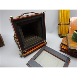  Thornton-Pickard mahogany and brass Half-Plate Imperial Triple-Extension Camera, with R & J Beck 7.2in Isostigmar f5.8 No.117520 lens in box and five plate holders in case, with boxed Ilford Imperial and Kodak plates and brass mounted oak tripod,   
