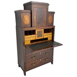 Early to mid-19th century figured mahogany Continental secrétaire à abattant, stepped top fitted with single cupboard, inlaid with oval figured amboyna panels, the fall front inlaid with shell motif enclosing a satinwood interior fitted with cupboard, drawers, and pigeon holes, three long drawers below, on square tapering feet