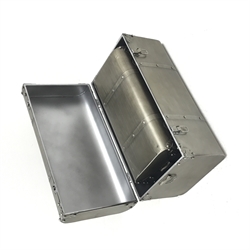  Set two graduating brushed metal trunks, hinged lid with clasp, W61cm, H31cm, D32cm (max)  