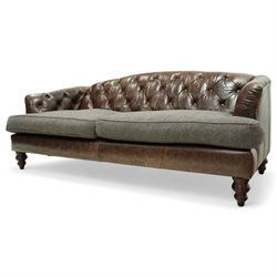 Tetrad - Harris Tweed and leather upholstered Chesterfield sofa, curved back and arms  with deep buttoned brown leather upholstery above loose herringbone tweed seat cushions with brown leather piping, raised on turned wooden feet 