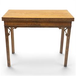 George III Chippendale design mahogany table, the rectangular hinged top with geometric ca...