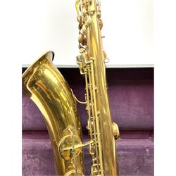 Brass tenor saxophone by Adolphe SAX, 84 Rue Myrha, Paris,  No.938 serial number 12097, H75cm excluding crook; in hard carrying case bearing plaque for Henri Selmer