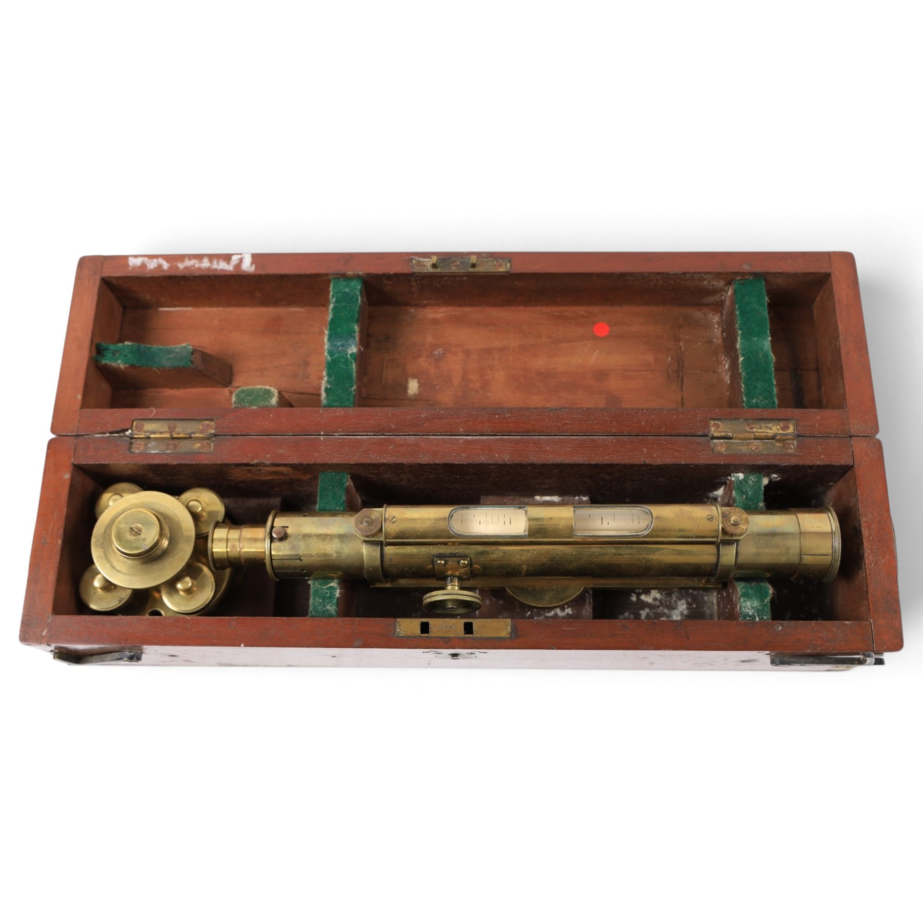 Early 20th century brass theodolite, by Carter Optician of Exeter, in mahogany case
