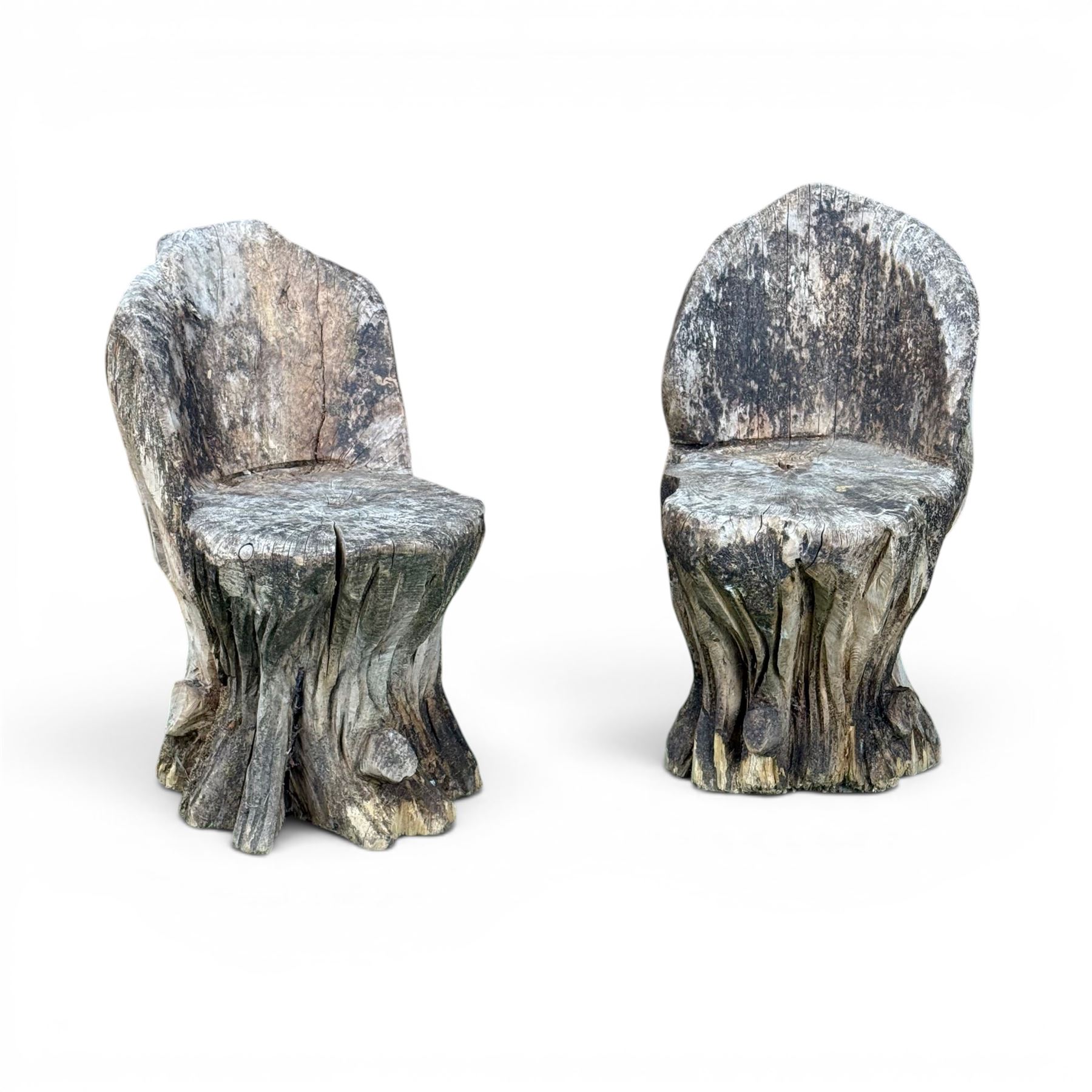 Pair of rustic root carved wood garden seat chairs