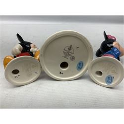 Three Royal Doulton The Mickey Mouse Collection figurines comprising Mickey Mouse MM1, Minnie Mouse MM2, and Goofy MM5, together withe three Royal Doulton limited edition miniature snowman character jugs comprising Christmas Stocking Snowman D7124, Christmas Cracker Snowman D7158 and Snowman D7062, all with original boxes 