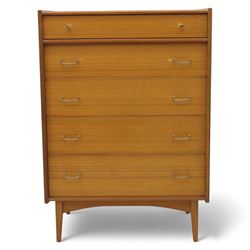 Golden Key By Palatial Ltd - mid-20th century teak chest of five drawers, rectangular top over a bank of graduating drawers fitted with brass loop handles, raised on tapering support