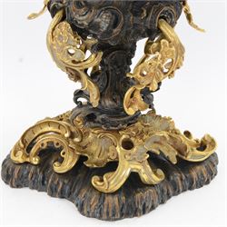 After Henry Dasson (1825-1896): large French gilt bronze urn, the body of typical form and cast with C scrolls, with twin curved gilt foliate handles detailed with birds, upon a scrolling foot, and naturalistically cast base, impressed HENRY DASSON to foot, H50.5cm W48cm