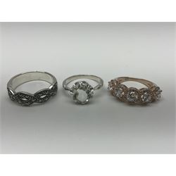 Silver jewellery, comprising six stone set rings and eight pairs of stone set earrings, all stamped 