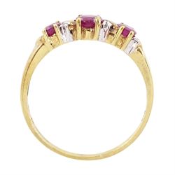 9ct gold ruby and diamond ring, three oval cut rubies spaced by six accent diamonds, stamped 9k