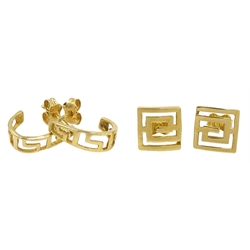 Two pairs of 18ct gold key design hoop and square stud earrings, all stamped 750