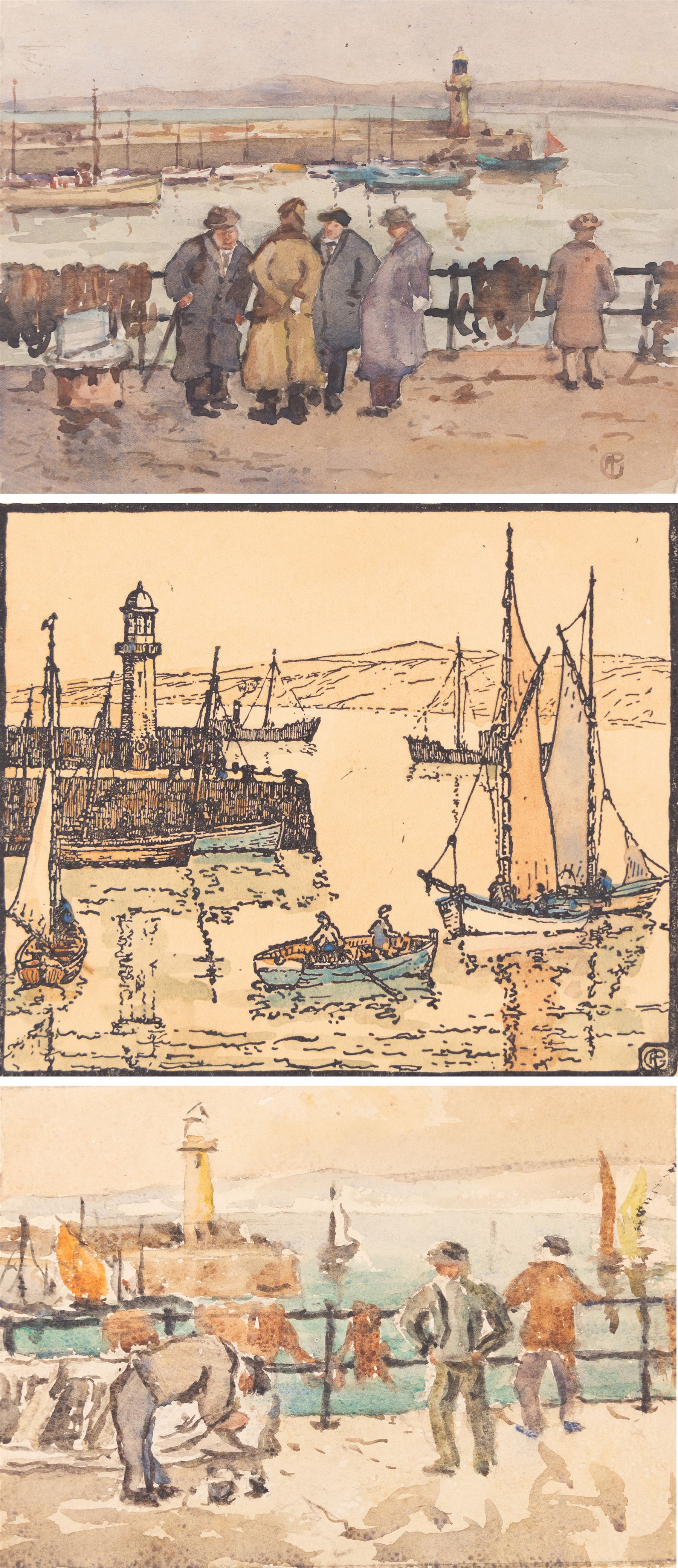 George Farquhar Pennington (British 1872-1961): Views of St Ives, two watercolours and one woodblock signed with monogram, max 22cm x 31cm (3) (unframed)