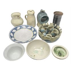Collection of studio pottery, including Punch set with eight cups, two Paul Murray jugs, dishes, etc 