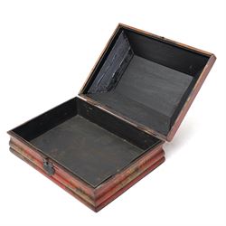 Early 19th century red lacquered chinoiserie box, painted with a traditional landscape scene and heightened in gilt, with original metal fastenings and hinges, W29cm 