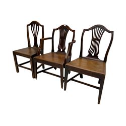Set of six (5+1) George III country mahogany dining chairs, shaped cresting rail over pierced Hepplewhite design splats, panelled seat over tapered supports united by stretchers
