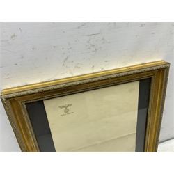 Adolf Hitler - single sheet of unused note paper embossed in gilt to the top left corner with the national eagle and ADOLF HITLER 29.5 x 20.5cm; in later gilt frame