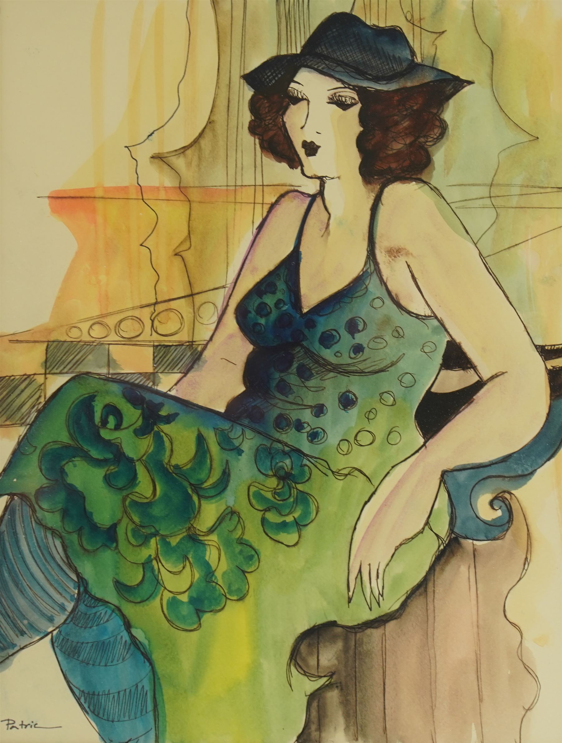 Patricia Govezensky (Israeli 1961-): Lady in a Green Dress, watercolour signed 32cm x 24cm
