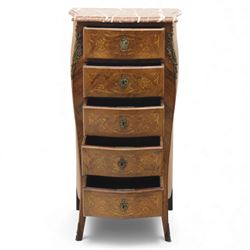20th century Louis XV style kingwood chest, serpentine rectangular rouge marble top above five graduated drawers with ornate gilt metal handles and escutcheons, the sides inlaid with floral marquetry panels, raised on shaped cabriole supports