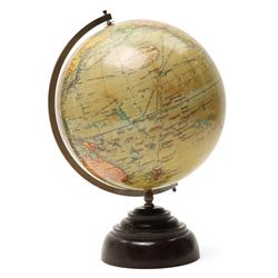  10 inch Terrestrial Globe by Geographia, 167 Fleet Street, London on stepped bakelite base