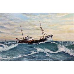 Harold E Towers (British 20th century): English Fishing Trawler at Dawn, oil on canvas signed 60cm x 90cm