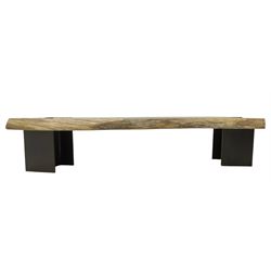 Raw edge shaped oak plank bench or side table on steel RSJ supports