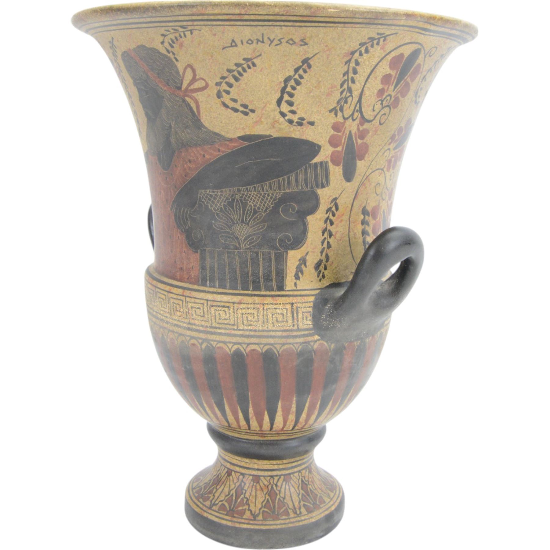 20th century Grecian urn, with twin handles and fluted rim, marked beneath 'Copy 520 BC' handmade in Greece, H31cm