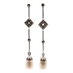 Pair of silver marcasite and pearl pendant earrings, stamped 925
