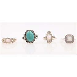 Turquoise and marcasite silver ring and three opal and stone set rings stamped  