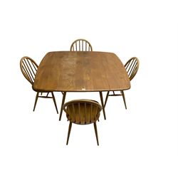 Ercol - elm and beech 'drop-leaf dining table' (W113cm, D126cm, H72cm); and set four ercol 'Windsor' elm and beech dining chairs 