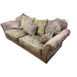 Three seat sofa (W180cm), and matching two seat sofa (W242cm), upholstered in plum fabric decorated with raised floral repeating pattern, with scatter cushions 