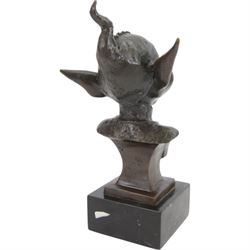 Modern bronze bust of a goblin upon a square black marble base, signed Juno, H28cm
