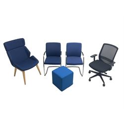 Elite - black office swivel chair (W61cm H98cm); together with Elite - pair office armchairs and high back office chair, upholstered in navy blue; and office cube