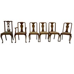 Set five (4+1) hardwood dining chairs, splat back with cross-stitch drop-in seat, raised on cabriole supports