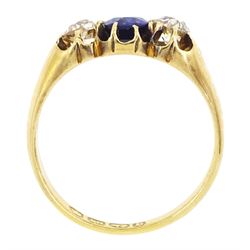 Victorian 18ct gold three stone oval cut sapphire and old cut diamond ring, Birmingham 1895, sapphire approx 0.90 carat, total diamond weight approx 0.55 carat