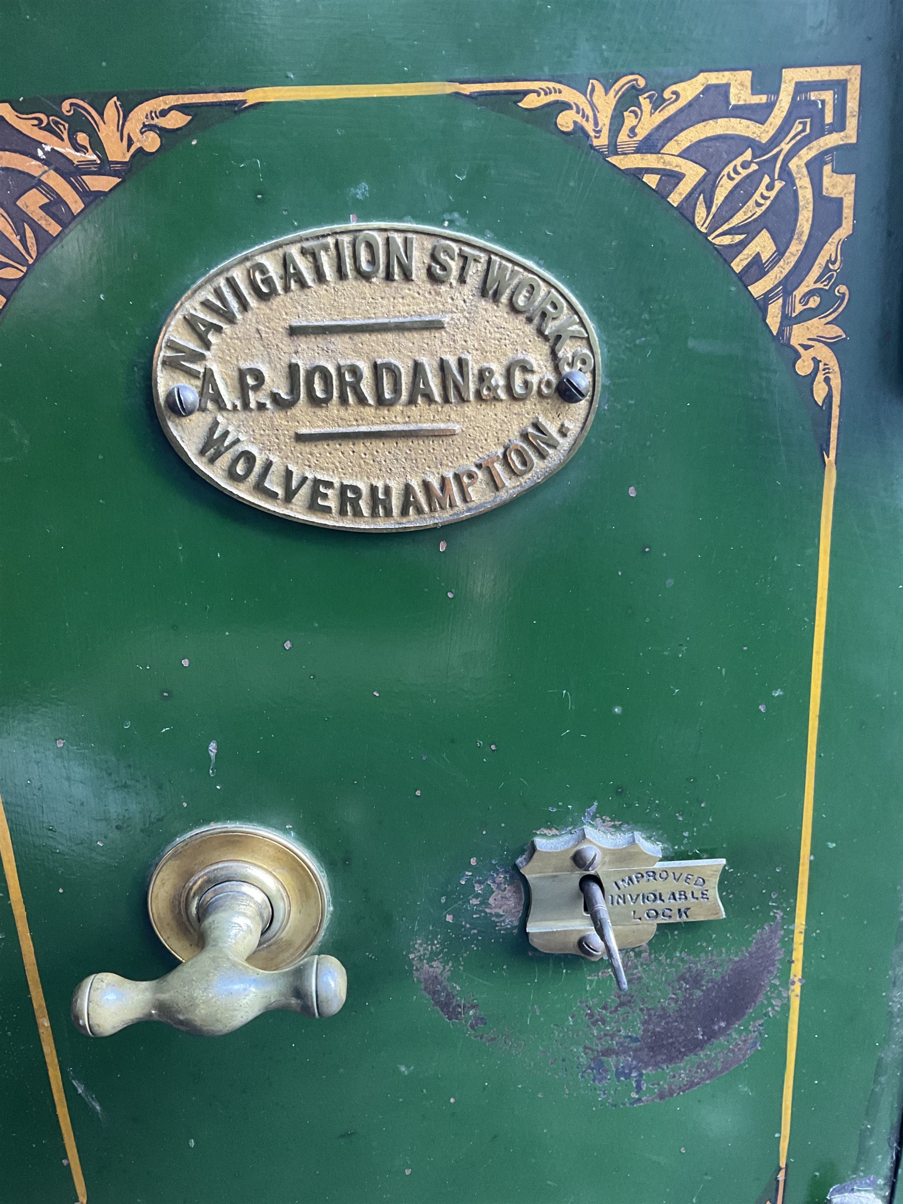 Antique Vintage Cast Iron Safe by A. P. Jordan & Co. of Wolverhampton, with key - THIS LOT IS TO BE COLLECTED BY APPOINTMENT FROM DUGGLEBY STORAGE, GREAT HILL, EASTFIELD, SCARBOROUGH, YO11 3TX