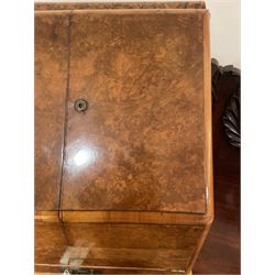 19th century burr walnut correspondence box, the sloped front opening to reveal a fitted interior with perpetual calendar, letter racks, and pen tray between two inkwell recesses, above a pull out draw with recessed brass handle, H41cm L40.5cm D28.5cm