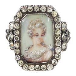 19th century 18ct gold and silver paste set portrait ring, octagonal miniature of a woman ...
