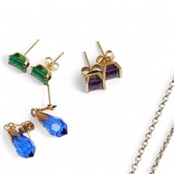 Three pairs of 9ct gold stone set stud earrings, collection of silver jewellery including eight necklaces, two stone set bracelets, earrings, a Kirks Folly brooch and other costume jewellery 