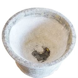 Cast stone basket weave rectangular planter, together with two circular stone planters with basket and rope design 