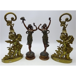  Pair 19th century French spelter figures depicting Day & Night, H44cm and pair cast brass doorstop's modelled as Putti (4)  