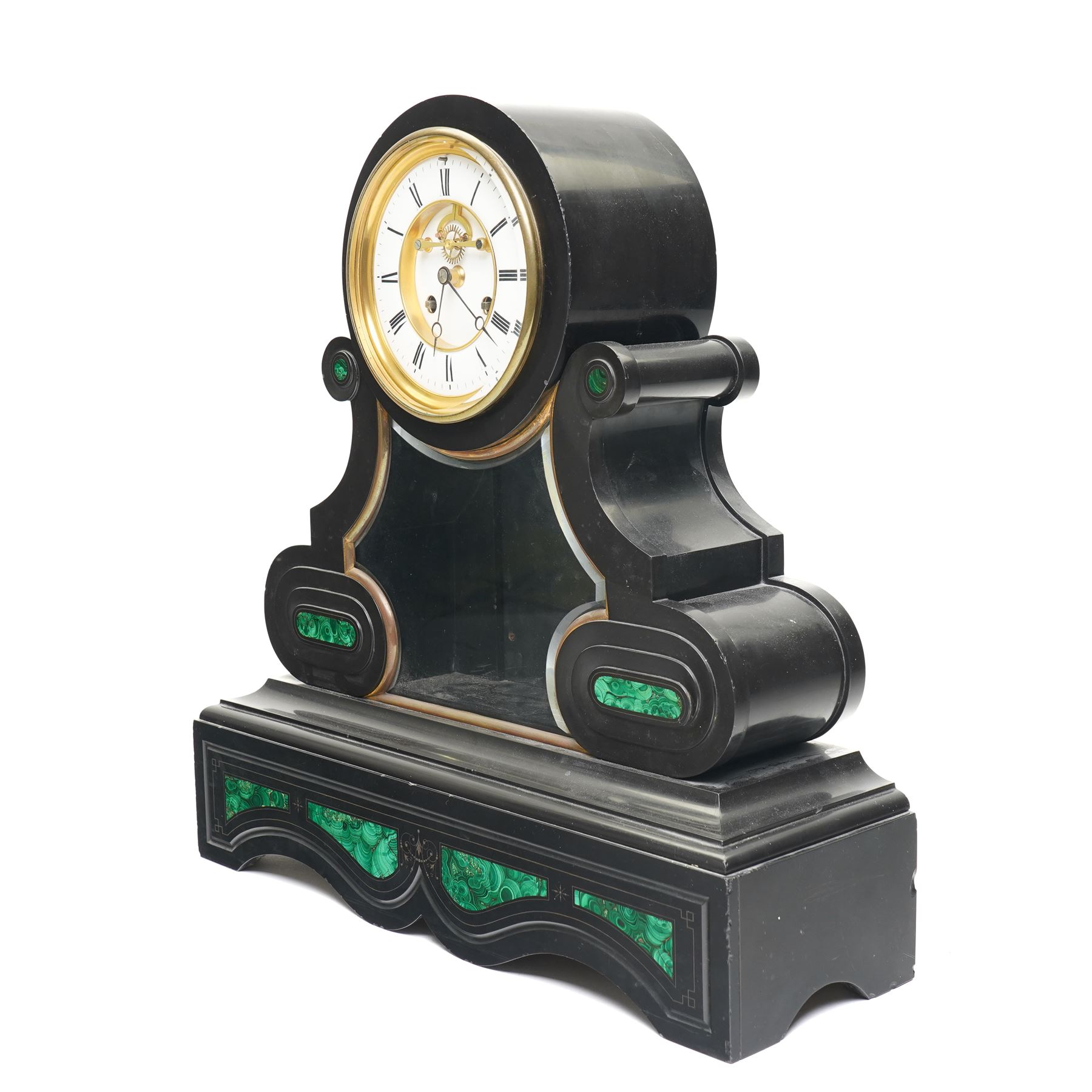 French-Late 19th century Belgium slate mantel clock, 8-day movement housed in a drum case with volutes, cradled within scroll supports and a shaped pendulum viewing glass with a brass surround, stepped plinth with incised decoration and malachite panels, two-piece enamel dial within a cast brass bezel, dial with Roman numerals, minute markers and steel moon hands, visible Brocot dead-beat escapement fitted with cornelian pallets, twin train going barrel movement with rack striking, sounding the hours and half-hours on a bell. With the original twin file mercury pendulum.
 